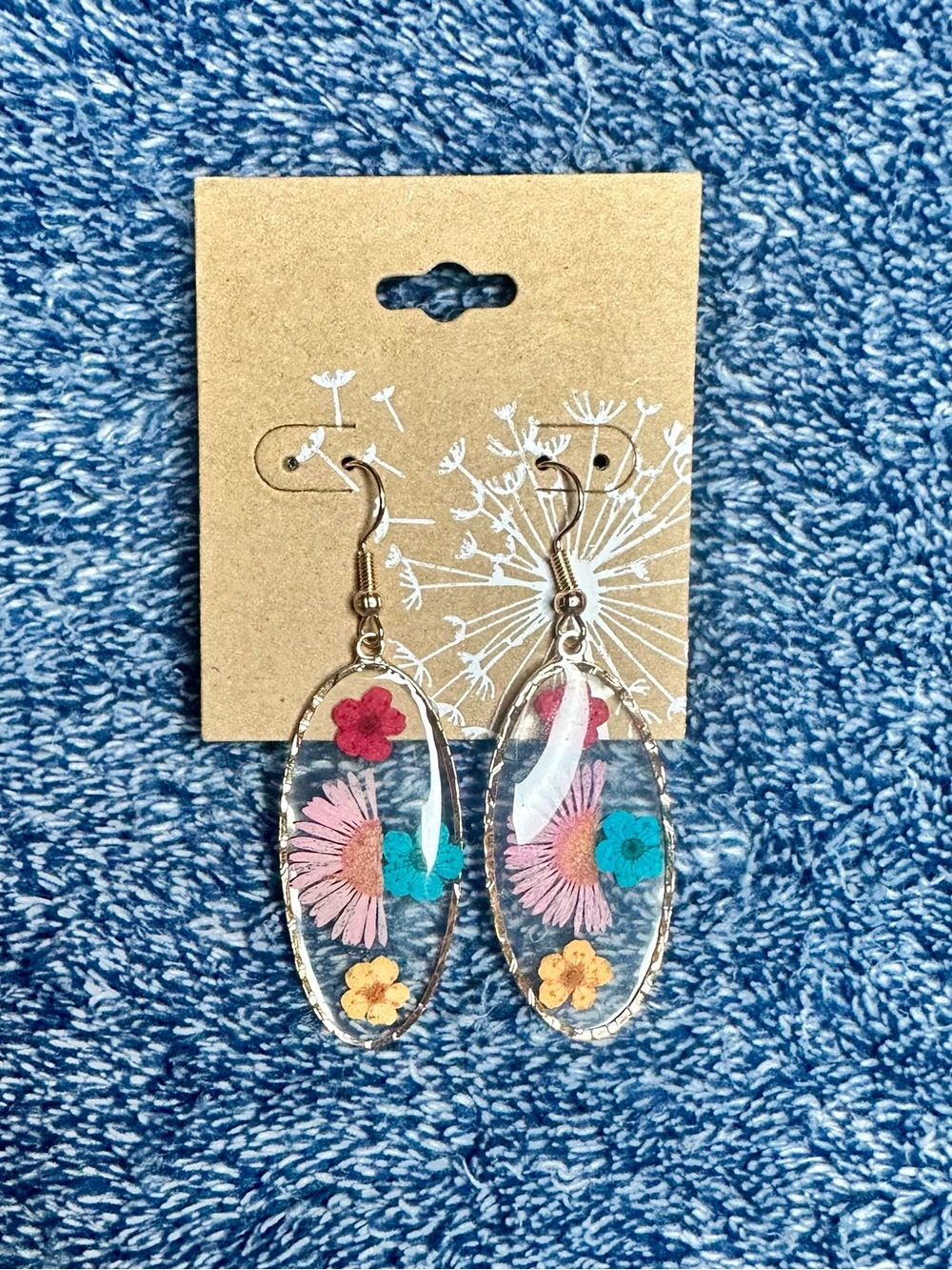 Floral Resin Drop Earrings - Pink, Teal & Yellow Flowers